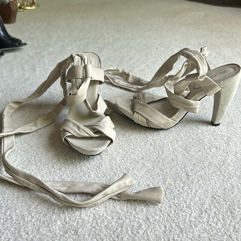 Leather open toed tie up heels